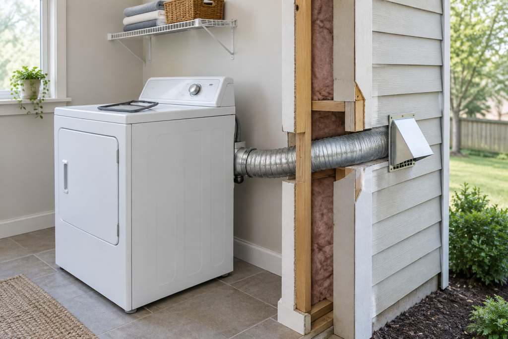 A clothes dryer connected by an exhaust duct to an outdoor wall vent
